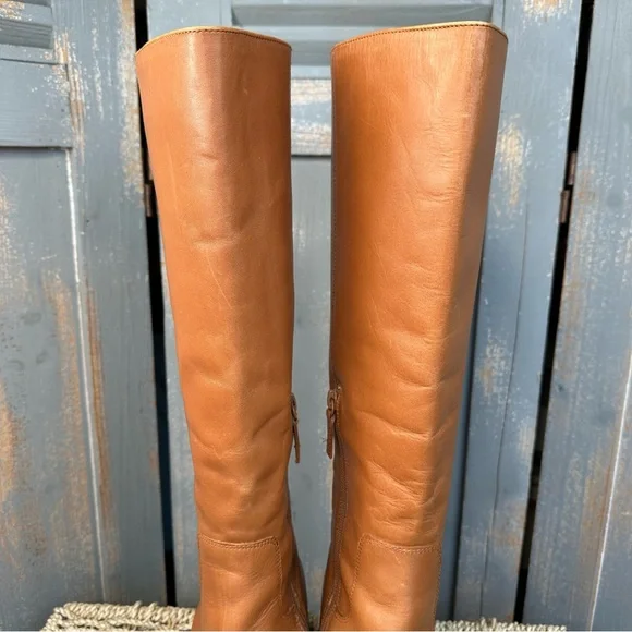 J. Crew Knee High Stacked-Heel Leather Boots Burnished Sand Sz 10.5 - Picture 5 of 16
